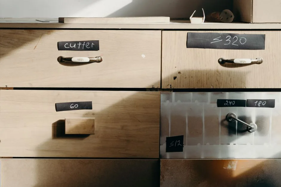 Gros plan sur des tiroirs de rangement en bois étiquetés, parfaits pour des concepts d'organisation.
